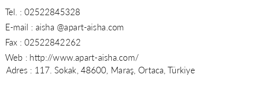 Aisha Apart Hotel telefon numaralar, faks, e-mail, posta adresi ve iletiim bilgileri